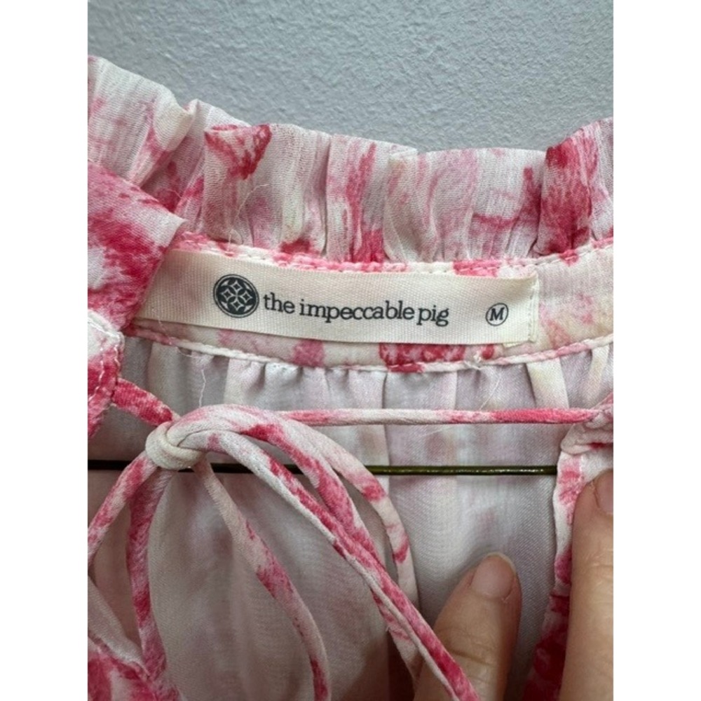 The Impeccable Pig Pink Floral Ruffle Neck Smocked Waist Tiered Dress Medium - Picture 3 of 3